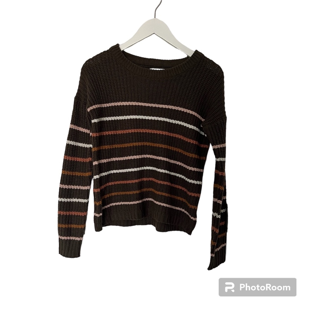Pink Rose Brown Sweater with Multi Color Stripes